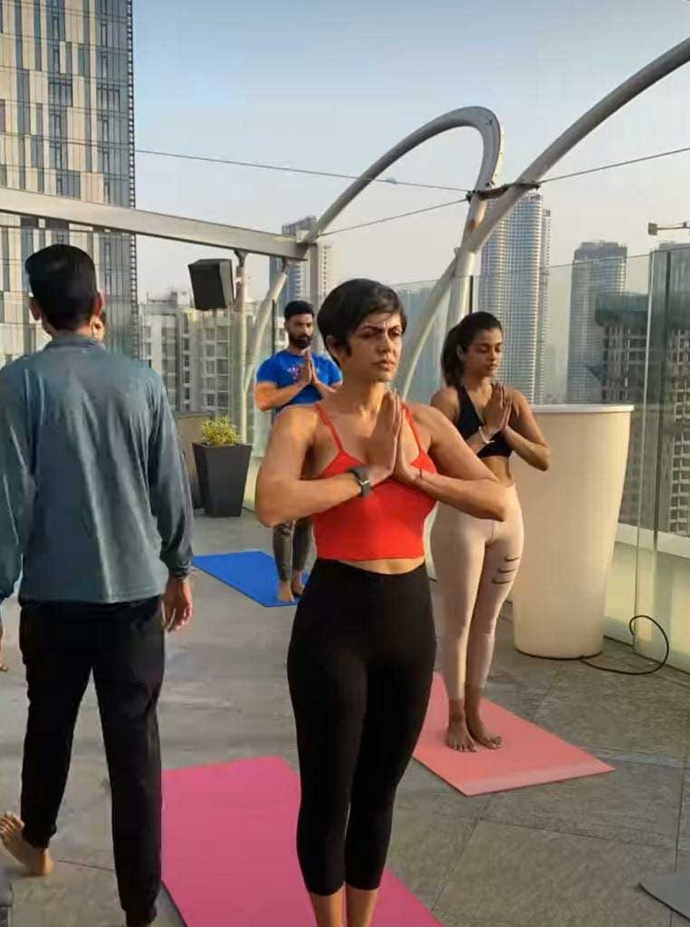 mandira bedi doing surya namaskar